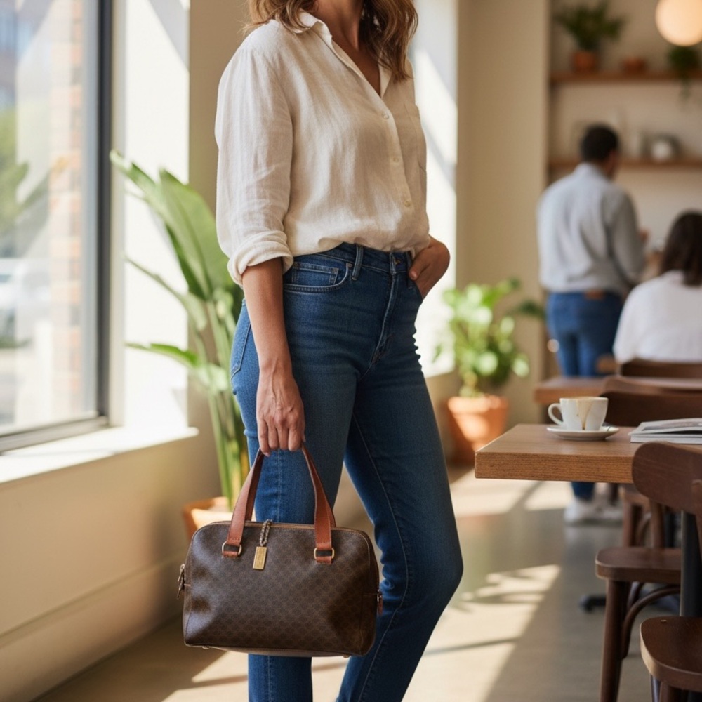 Celine Brown Patterned Satchel with Tan Handles.